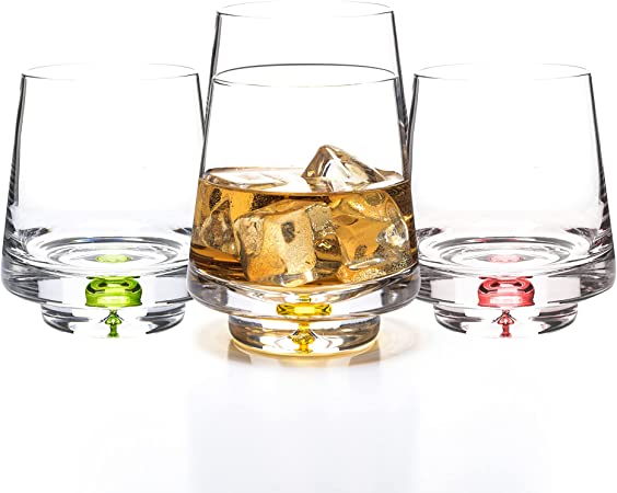 Lemonsoda Crystal Bubble Base Whiskey Glass in 4 Colors - Set of 4 - Thick Weighted Bottom - Identify Your Drink Easily with Color Markers