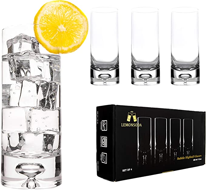 LEMONSODA Crystal Bubble Base Collins Glass Highball Tumbler - Set of 4 - Heavy Weighted Bottom - Unique Design Great for Water, Juice, Beer, Cocktails, and More- 12oz